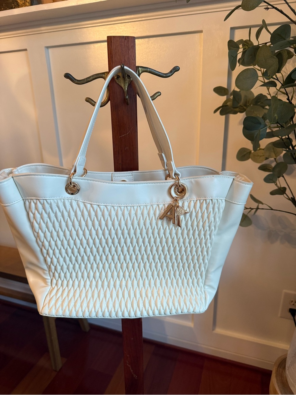 Structured Cream Quilted Tote with Gold Charm